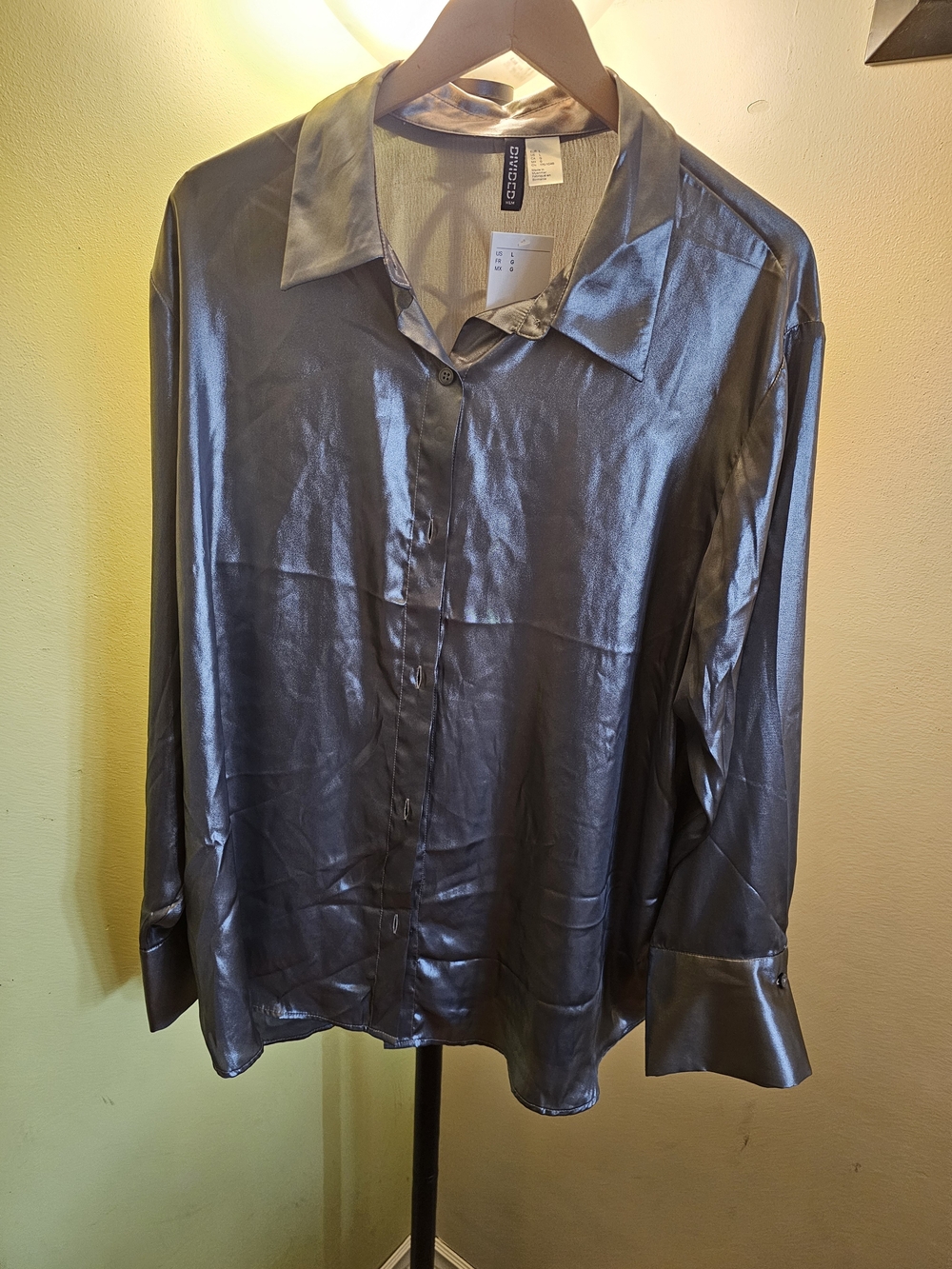 H&M Women's Metallic Gray Satin Button-Up Blouse